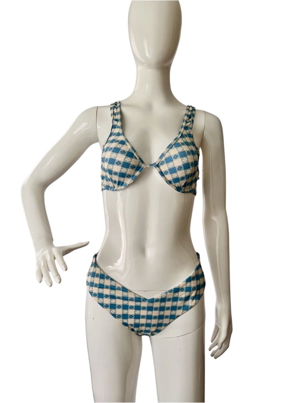 Urban Outfitters Blue & Cream Checked Underwire Bikini_size M